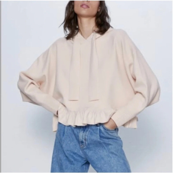 ZARA TAN RUFFLED KNITWEAR SWEATSHIRT HOODIE OVERSIZED IVORY SIZE S - Picture 1 of 8